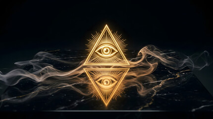 Fototapeta premium Glowing Golden Eye of Providence Masonic Symbol Reflecting on Dark Marble Surface with Wisps of Smoke