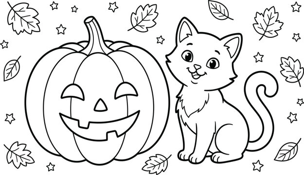 Delightful halloween coloring page featuring a cute kitten and a jack o' lantern with autumn leaves for kids and families