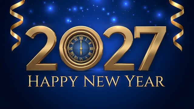 Happy New Year 2027 sophisticated festive banner featuring illuminated golden numbers clock design and fireworks celebrating midnight countdown happiness prosperity and new opportunities