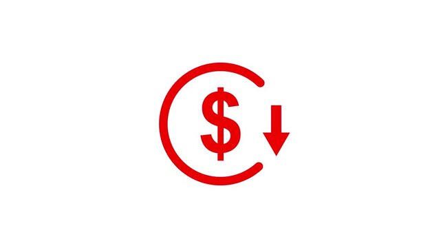 Money reduction icon. Dollar Currency Symbol with Downward Arrow Icon, Financial Loss, Decrease, Price Drop and Money Reduction Concept. Alpha channel 4k
