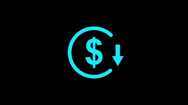 Money reduction icon. Dollar Currency Symbol with Downward Arrow Icon, Financial Loss, Decrease, Price Drop and Money Reduction Concept. Alpha channel 4k
