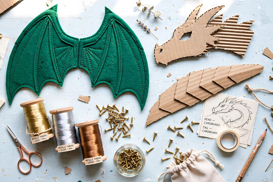 Dragon costume crafting flat lay with green wings and cardboard pieces for creative childhood project.