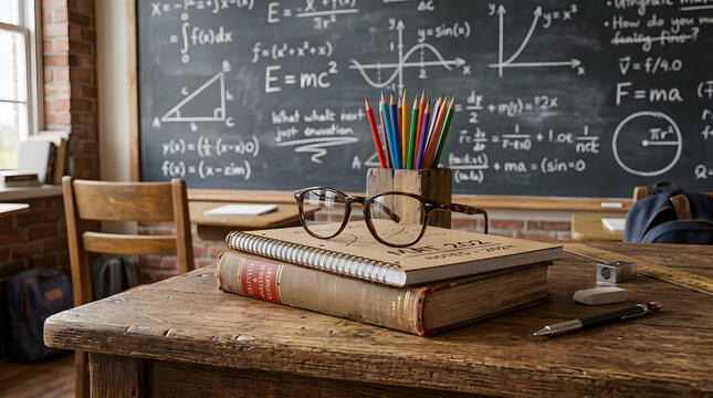 Vintage school wooden desk with glasses, old books, colored pencils, and a blackboard filled with physics and math formulas in the background