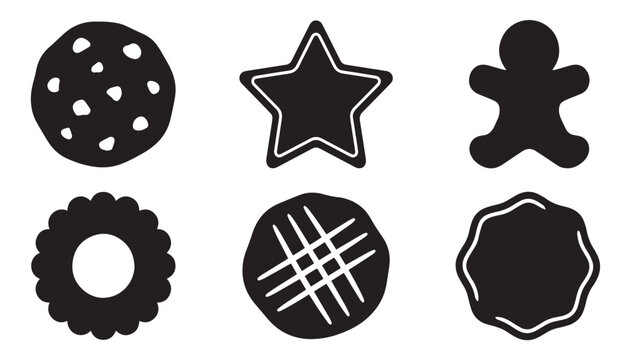 black color silhouette set of six cookies vector illustration, solid white background