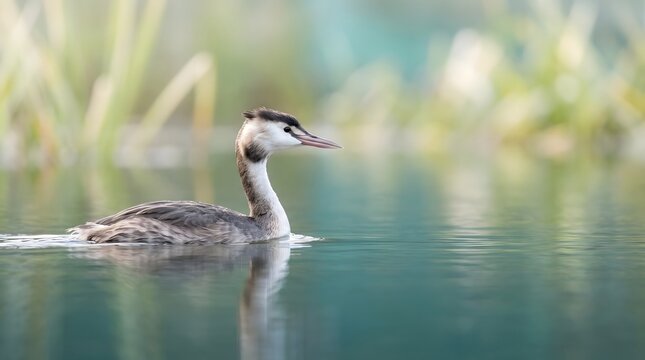 Great crested grebe swimming in calm lake water with blurred natural background swimming wildlife waterfowl reflection wilderness lakefront freshwater creature environment peaceful