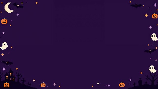 8 bit Halloween frame with ghosts and pumpkins, animation with copy space