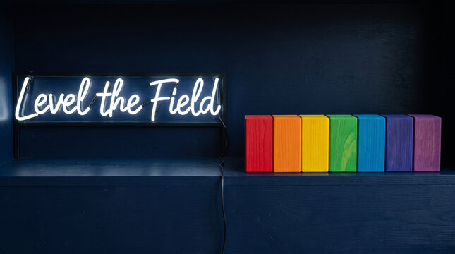 A neon sign with the text level the field displayed beside colorful wooden blocks on shelves with rainbow colored wooden next row rainbow glowing neon field sits illumination