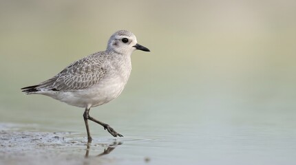 Fototapeta premium Grey plover standing on a sandy shore at the water edge with sandpiper wildlife pluvialis squatarola feathers ornithology migration environment outdoors standing speckled peaceful