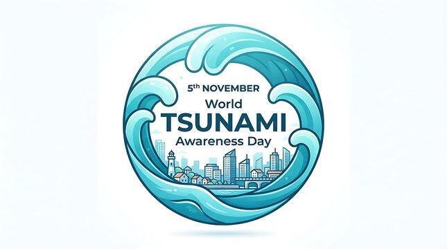 World tsunami awareness day circular emblem with stylized blue waves and city skyline illustration disaster risk graphic design risk management international day public awareness safety measure