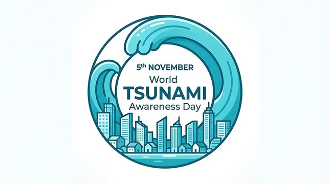 World tsunami awareness day circular emblem with stylized blue waves and city skyline illustration disaster risk graphic design risk management international day public awareness safety measure
