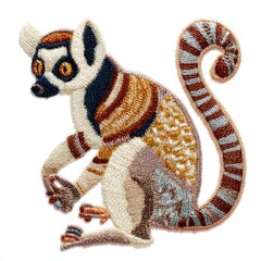 Fototapeta premium Beaded Lemur Patch Embroidery With Detailed Colorful Threads On A Clean White Isolated Background