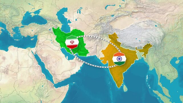 Animated Map Highlighting India and Iran Diplomatic Connection Footage