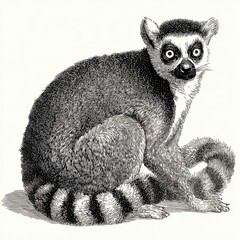 Fototapeta premium Black And White Stippled Illustration Of A Ring Tailed Lemur Sitting On A White Background
