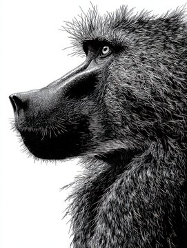 Black And White Profile Silhouette Portrait Of A Baboon Head Isolated Against A White Background