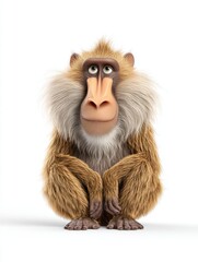Fototapeta premium Cartoon Mandrill With Textured Fur Sitting On White Background For Wildlife 3D Character Design