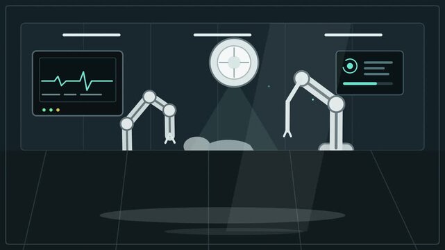 Robotic arms performing surgical operation in modern medical theatre with glowing vitals monitor and futuristic technology background in looping vector animation