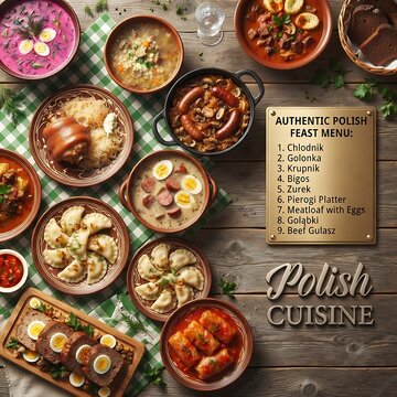 Top down view of a traditional polish feast featuring various classic dishes including pierogi kielbasa soup on a rustic wooden table polish cuisine traditional food feast menu hearty meal