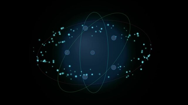 Abstract atom model with orbiting particles and glowing rings on a dark background