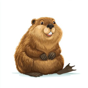 Cute Brown Beaver Illustration Sitting Isolated On White Background With Friendly Expression