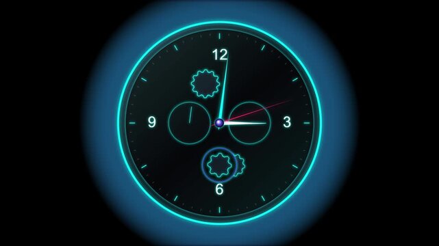 Modern digital clock face with glowing neon blue circular border and gear icons on a dark background