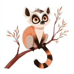 Fototapeta premium Cute Cartoon Lemur Sitting On A Tree Branch With Striped Tail And Big Orange Eyes White Background