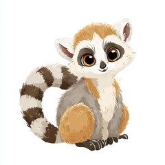 Fototapeta premium Cute Cartoon Lemur With Big Eyes Sitting Isolated On White Background Digital Illustration Art