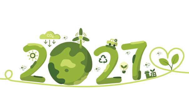 2027 new year concept strategies for Sustainable Development Goals, ESG, SDE, net zero. Eco friendly, Sustainability planning management to reduce co2 with globe and World environmental green icons.
