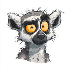 Fototapeta premium Cute Ring Tailed Lemur Portrait With Expressive Wide Yellow Eyes On Plain White Background Illustration