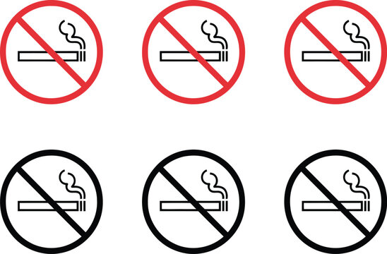 Smoking icon vector set featuring prohibition signs for cigarettes