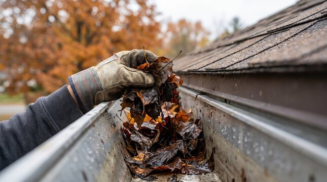 Man clearing leaves from clogged gutter in autumn  