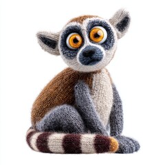 Fototapeta premium Cute Knitted Lemur Toy With Big Orange Eyes Isolated On A Pure White Background