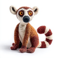 Fototapeta premium Cute Knitted Lemur Toy Sitting On A White Background