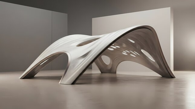 Futuristic parametric architectural structure with organic flowing curves and perforated patterns in a minimalist studio setting