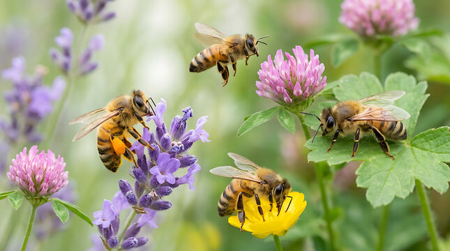 Honey Bees Pollinating Purple Lavender and Pink Clover Flowers in Meadow