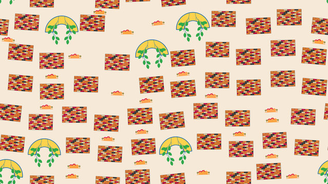 Seamless pattern with brick walls, arches and houses