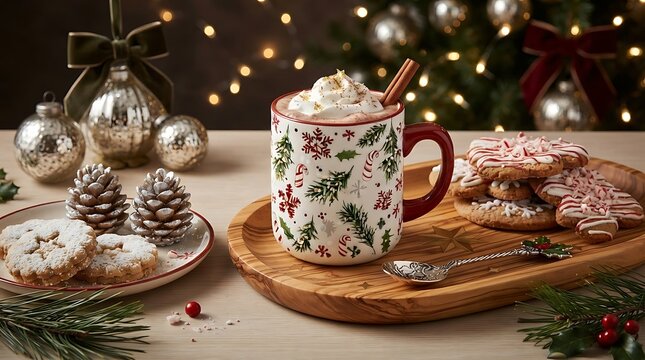 Christmas mug of hot chocolate with whipped cream and cookies on a festive wooden serving tray holiday drink hot cocoa holiday treats winter beverage holiday decoration cozy drink christmas dec