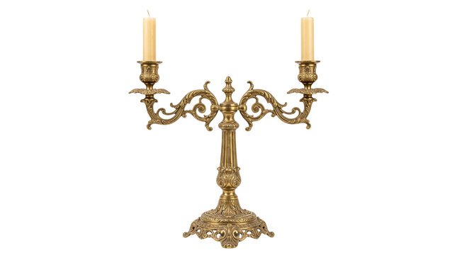 Vintage brass candelabra with cream candles, ornate antique bronze double candlestick holder, elegant baroque table decoration for dining isolated PNG with Transparent Background