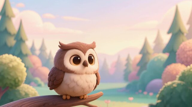 Cute cartoon owl sitting on a tree branch, empty space under the sky for text, commercial animation style