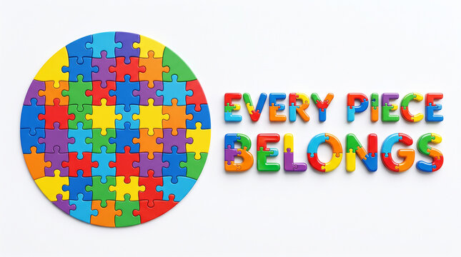 Colorful jigsaw puzzle pieces arranged in a circular shape next to the text every piece belongs with alongside text constructed complete circle alongside pieces white background