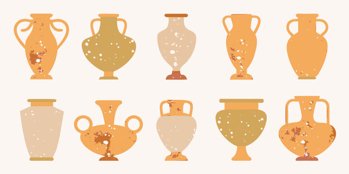 Ancient pottery amphorae flat vector illustrations with textured surfaces