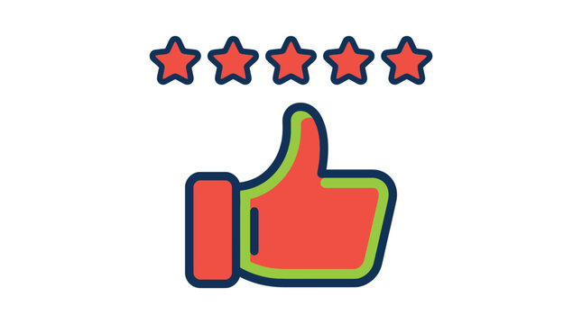Five red stars rating symbol positioned above thumbs up graphic icon for feedback