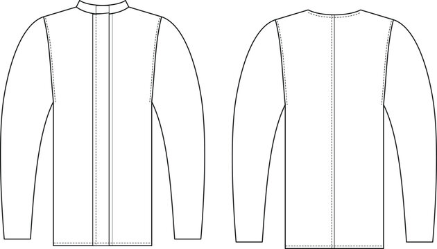 Fashion technical flat sketch of long sleeve jacket front and back view with stand up collar center front placket shoulder seam details center back seam sleeve stitching hem construction and garment