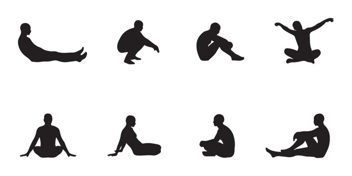 Human figure silhouettes practicing floor relaxation stretching and meditation poses on transparent background.