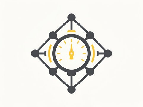 Iconography representing smart metering technology features a circular dial gauge integrated within a geometric connected structure on white.