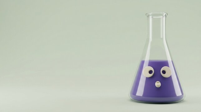 Cute glass erlenmeyer flask with purple liquid and googly face