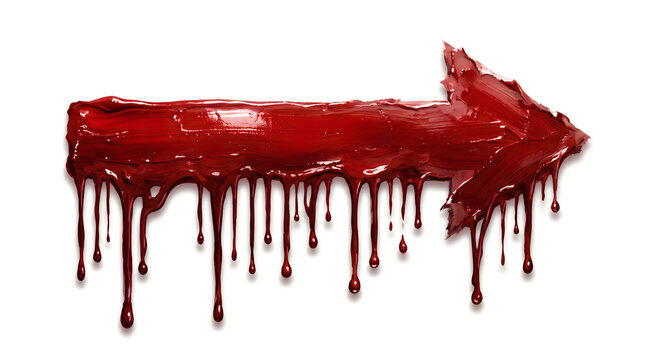 Bold red paint arrow shape featuring thick glossy dripping textures, sharp brush strokes, and dramatic lighting effects presented on white background