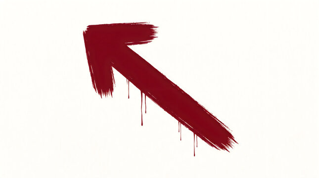Painted maroon arrow pointing up left with dripping paint texture and visible brush stroke details isolated on white background