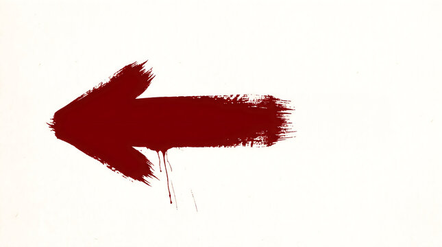 Blood red painted arrow symbol featuring messy brush strokes pointing left with dripping liquid texture on white background
