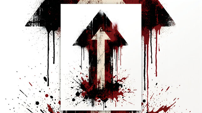Grungy black and red paint splatter arrow design featuring bold textured shapes, dynamic direction, artistic stencil aesthetics, creative visual grunge style on white background