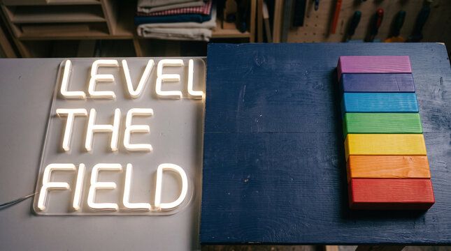 Neon sign with the words level the field next to a stack of colored blocks with wooden blocks workbench displaying text level beside stack colorful multi colored glowing neon